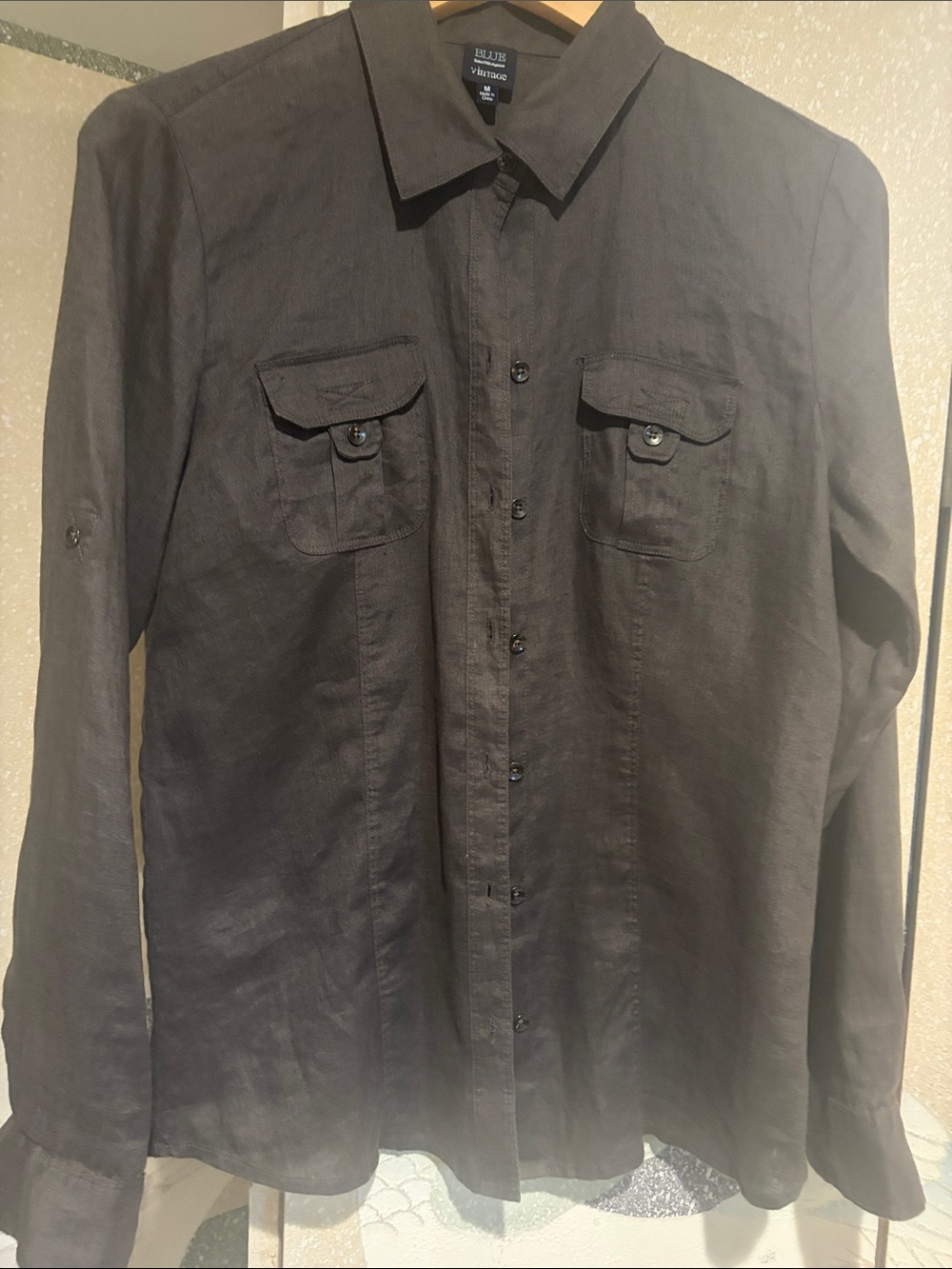 Saks Fifth Avenue “Blue” women’s grey Casual Button-Down Shirt w/ Chest Pockets